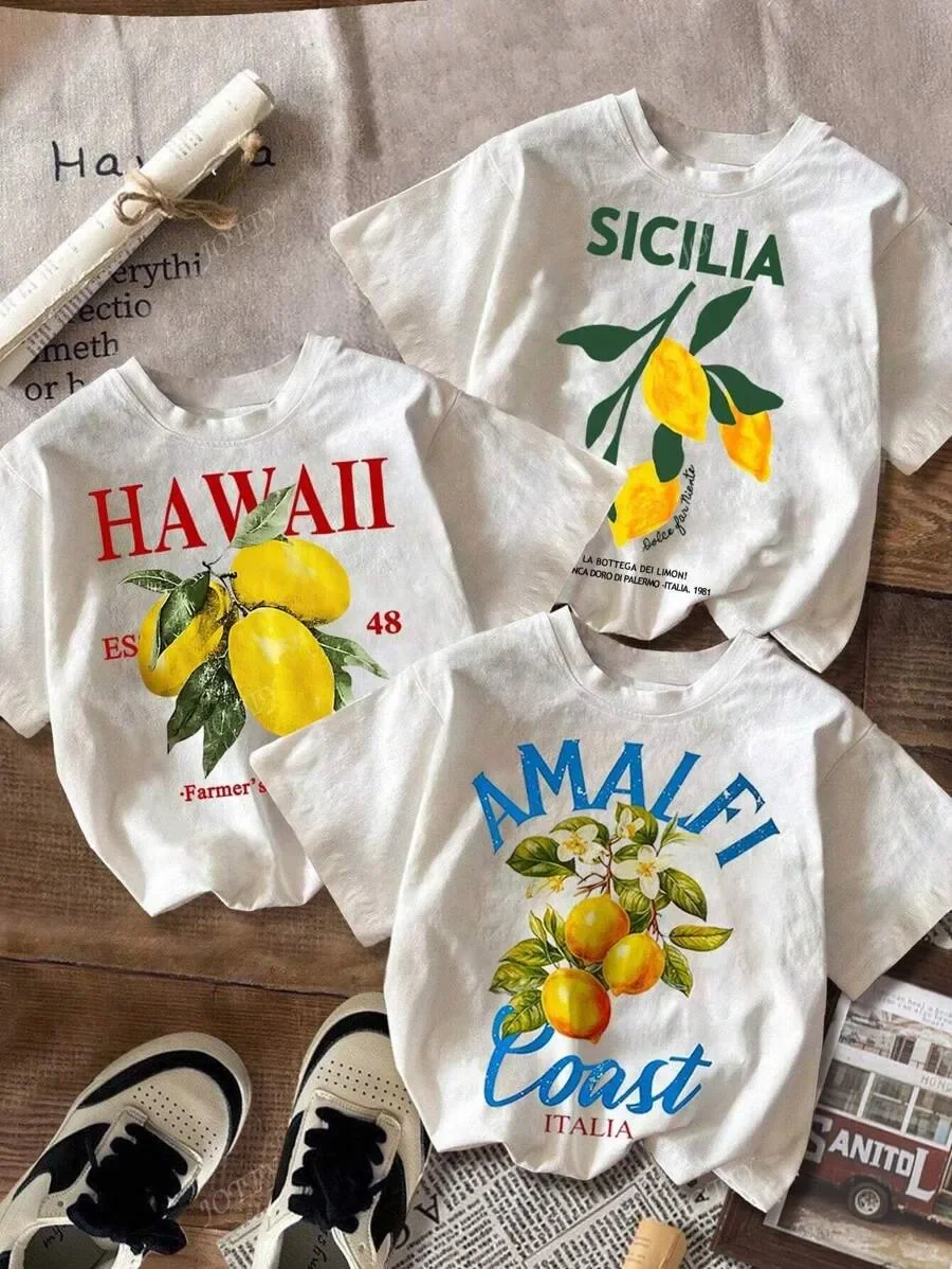 Amalfi Coast Lemon & Fruit Design T-Shirt Women Sport Summer Short Sleeve Female Hip Hop Tops Casual Sportswear