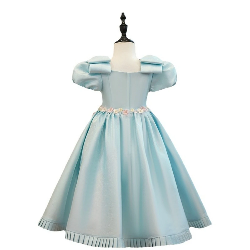 Light Blue Square Neck Puff Sleeves A-line Dresses For Girls Performance Activities Charming Beads Princess Gown Birthday Party