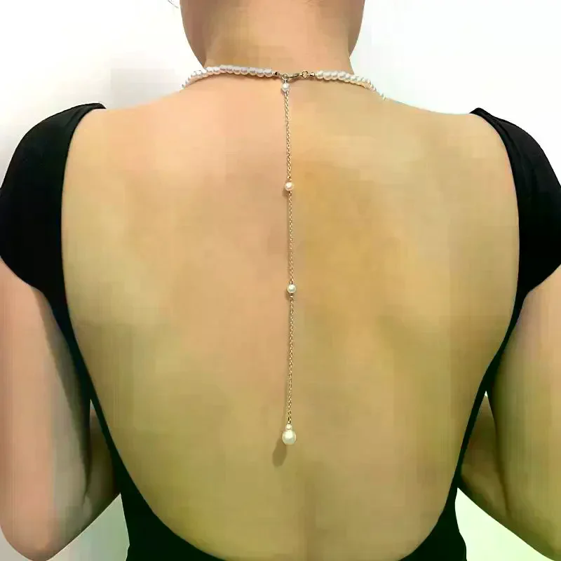 Vintage Elegant Simulated Pearls Clavicle Choker Necklace Women Long Chain Tassel Pendant Wedding Jewelry Bikini Chest Chain