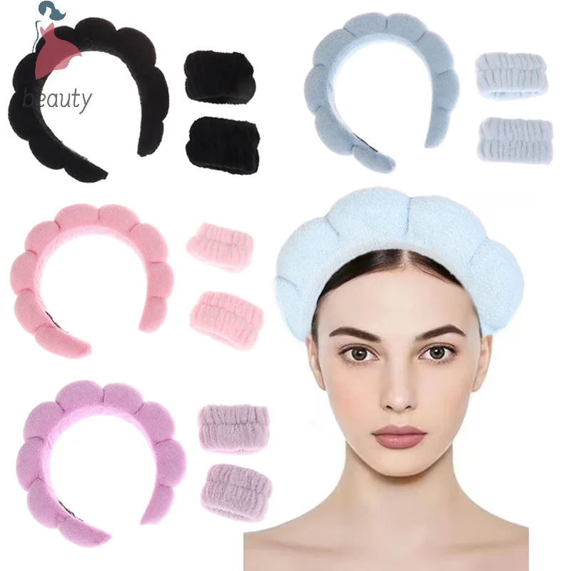 3pcs Spa Headband For Washing Face Wristband Set Sponge Makeup Headband Wrist Towels Bubble Hairband For Women Hair Accessories