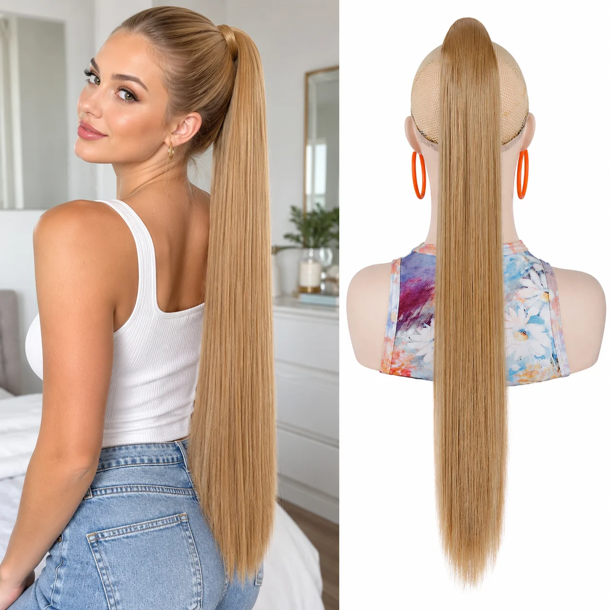 24 Inch Body Wave Ponytail Extension Magic Hook and Loop Wrap Around Wavy Hairpiece Curly Hair High Temperature Fiber Natural