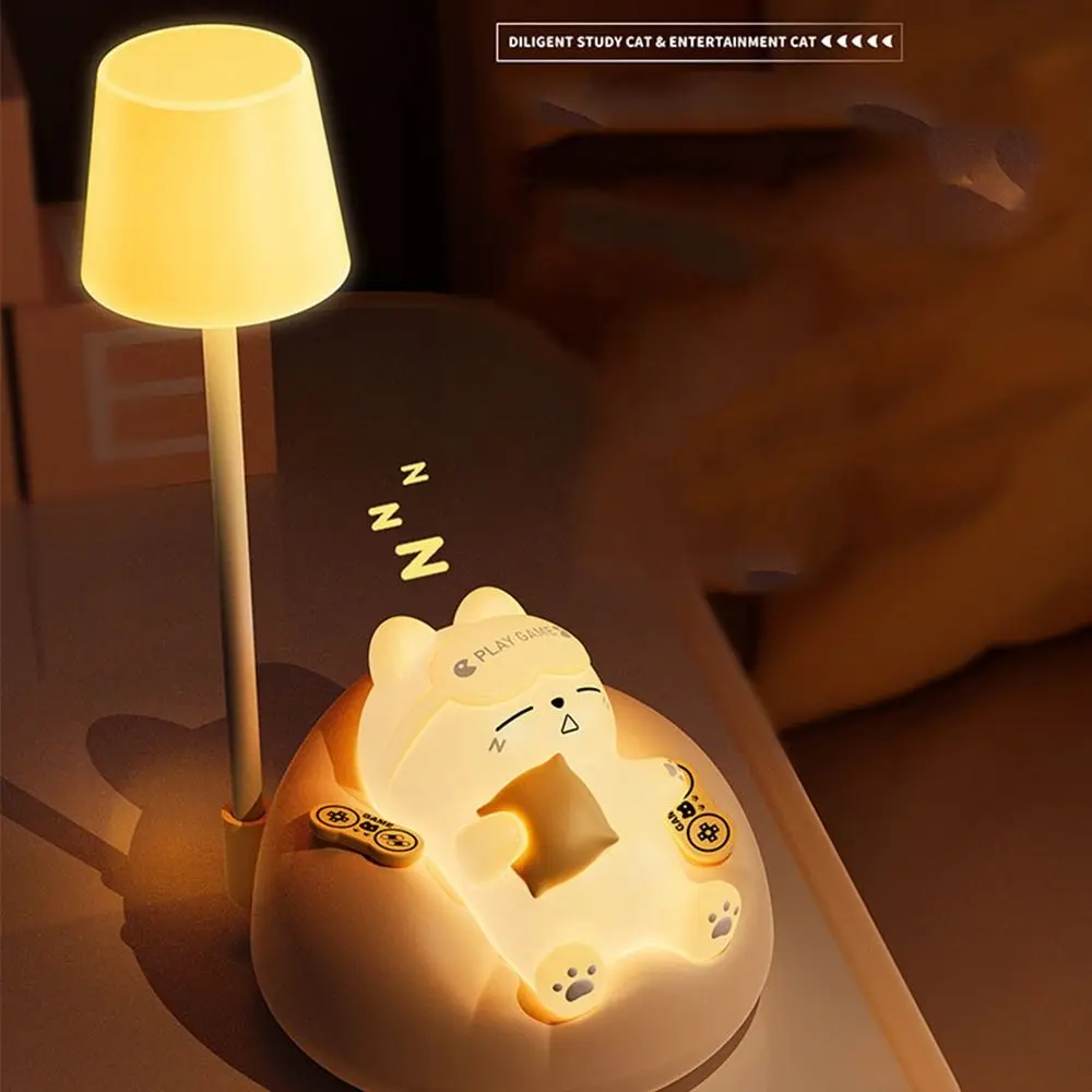 USB Charging Sleeping Cat Night Light Desktop Dimming Bedside Table Lamp Soft Light Eye Protection Sleeping Atmosphere Light
