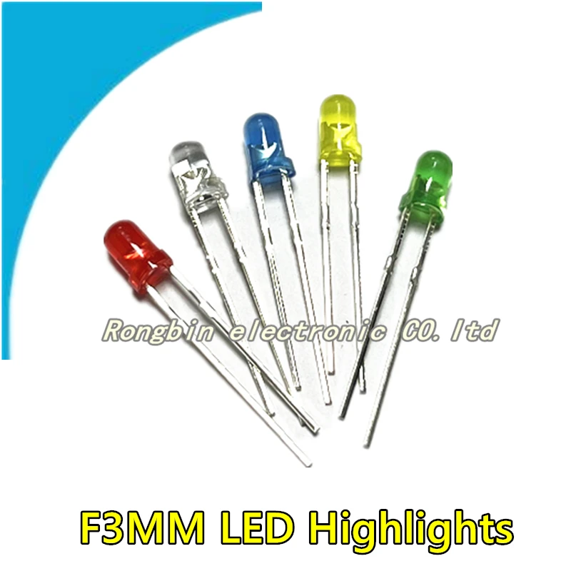 

100PCS 3MM LED highlights, light-emitting diode F3 blue, yellow, green, red, orange, white, short feet