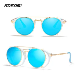 KDEAM Happy Clip On Sunglasses Men Removable Round Glasses Steampunk Women Carve Design Sunglass With Brand Box