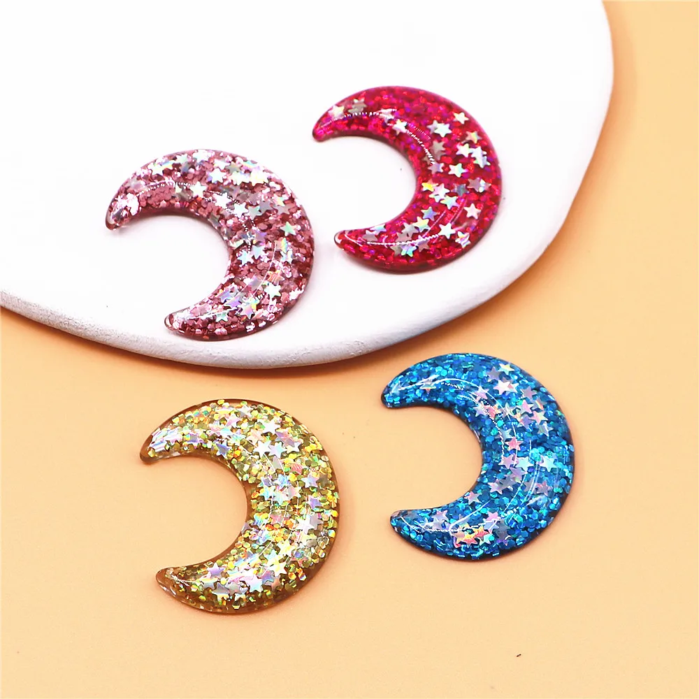 10pcs Kawaii Resin Glitter Moon Flatback Cabochon DIY Scrapbook Home Decoration Craft Accessories,32*38mm