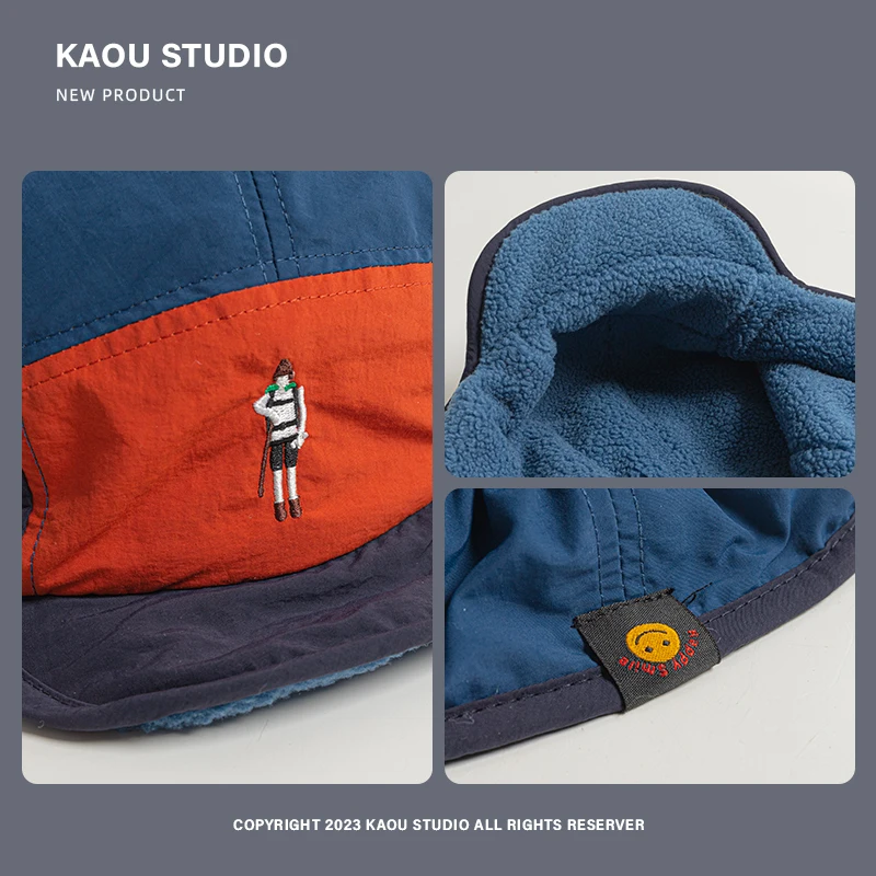 Japanese Five-panel Color Matching Embroidered Baseball Cap for Men and Women Winter Fleece Warm Ear Protection Ski Flight Hat