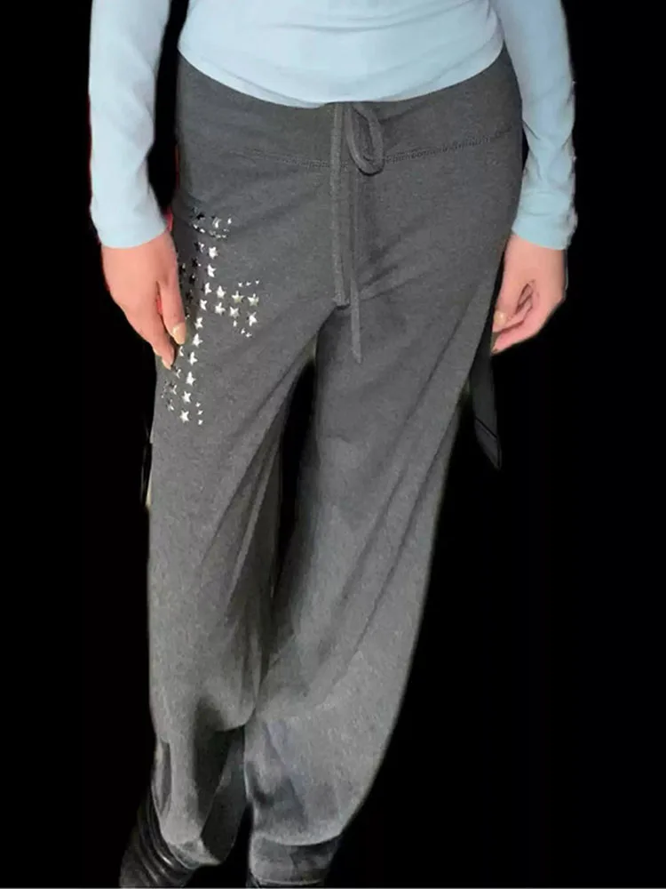 Retro New Casual Niche Five-Pointed Star Rivet Printed Soft Comfortable, Loose and Thin Gray Trousers Women's Clothing ins style