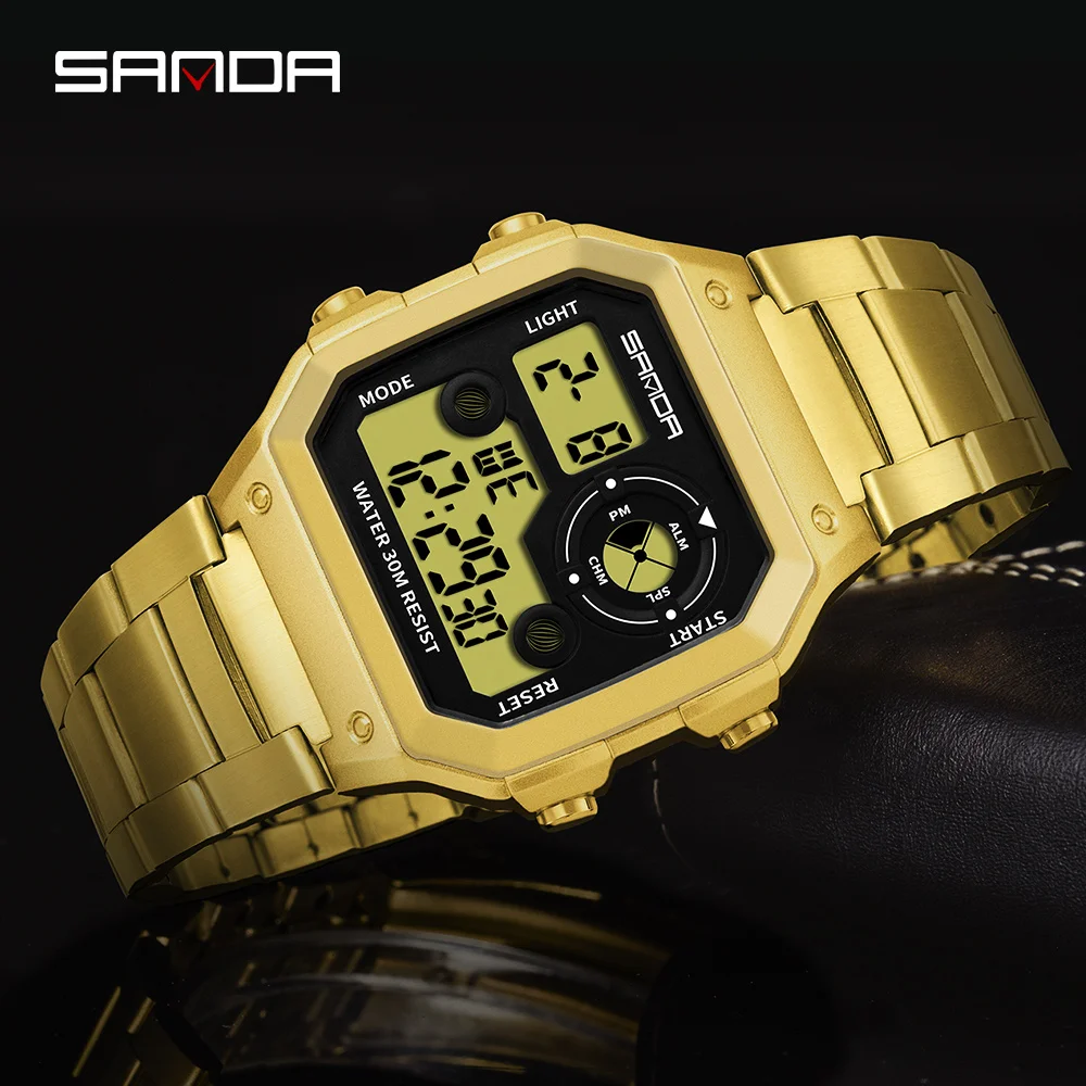 SANDA square steel band watch tide men’s watch hip hop Retro Gold Waterproof Leisure Sport Electronic Watch