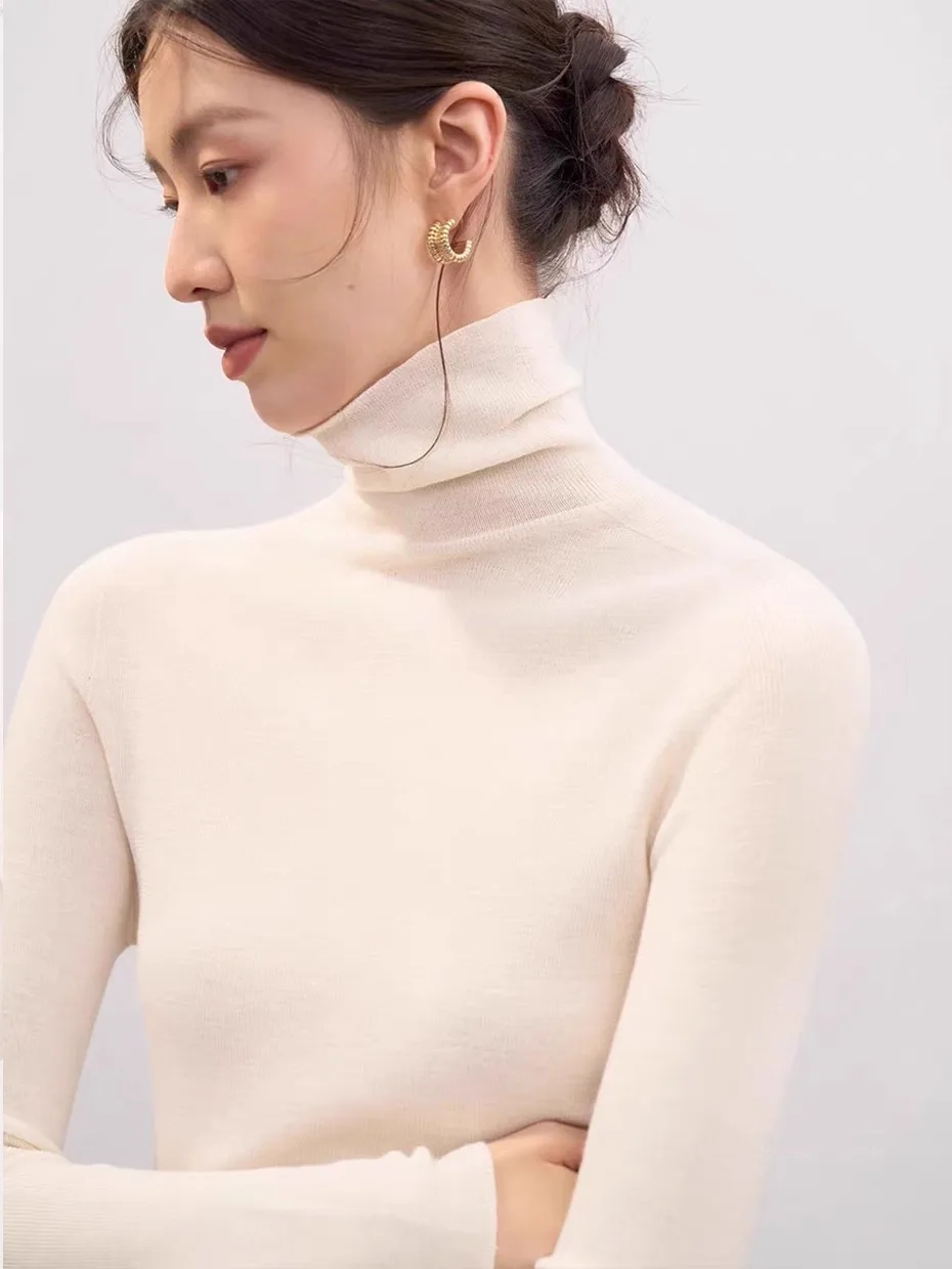 

Soft Cozy Slim Fit High Collar Knitted Base Shirt Women's Autumn Winter New Style Thin Pile Neck Sweater Casual Wear