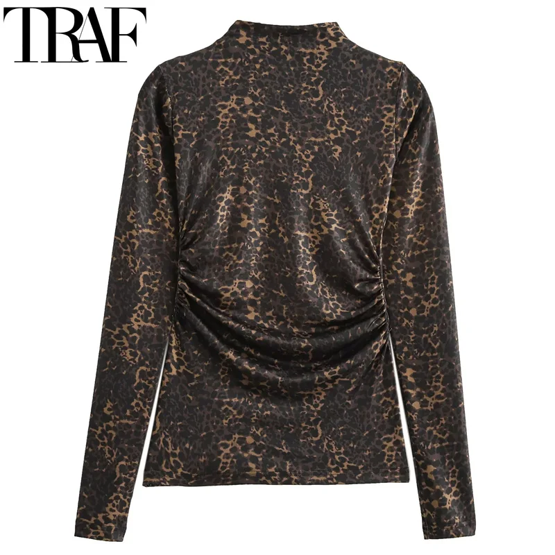 TRAF Tops For Women Cropped Leopard Print Top Woman Vintage New Knit Women's Turtleneck Pullovers Ruched Autumn Long Sleeve Top