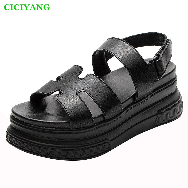 CICIYANG Women\'s Sandals Genuine Leather 2024 Summer New Chunky Platform Sandals Wedge Open Toe Shoes Muffin Sandals Black Beige