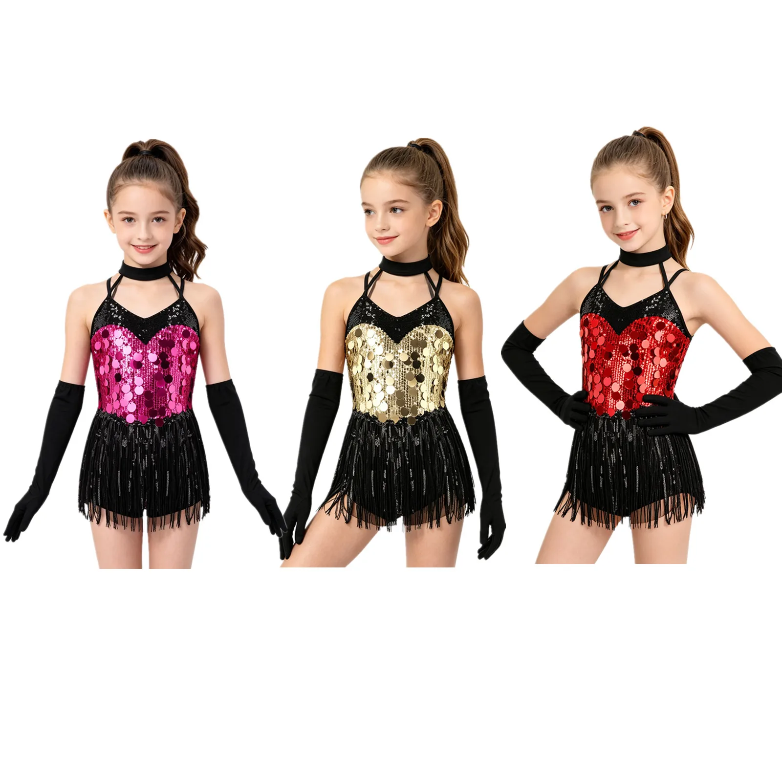 

Children Girls Shiny Sequins Tassels Latin Jazz Dance Dress Cha-cha Samba Rumba Tango Ballroom Bodysuit Dresses with Gloves