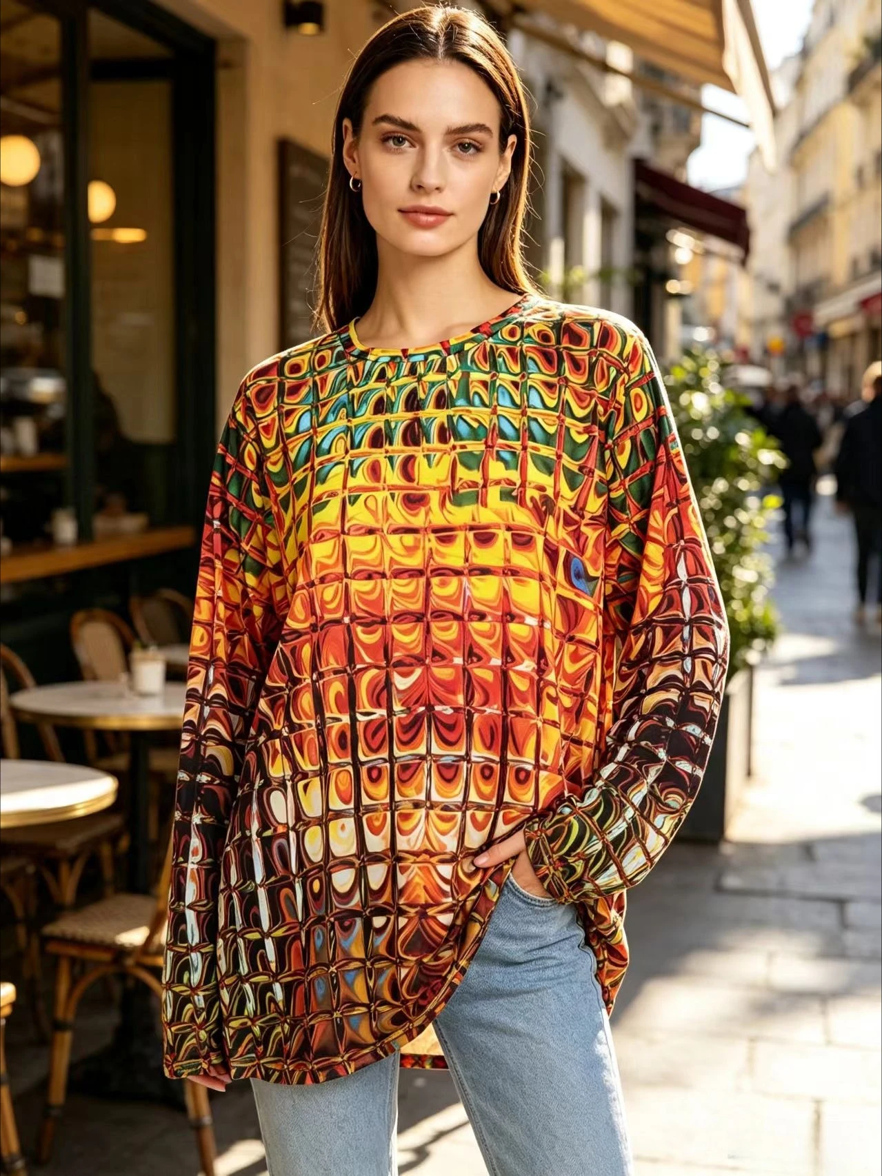 Plus Size Women Colorful Marble Grid Printed Long Sleeve Top Crewneck Loose Oversized T Shirt Casual Autumn Streetwear Tees