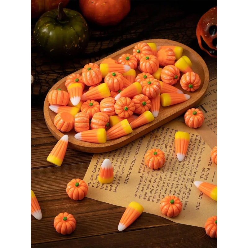 10 Uds. De decoraciones de maíz de caramelo de calabaza de resina de Acción de Gracias, Mini calabazas artificiales 3D y callos de plástico, manualidades para fiesta de Halloween DIY