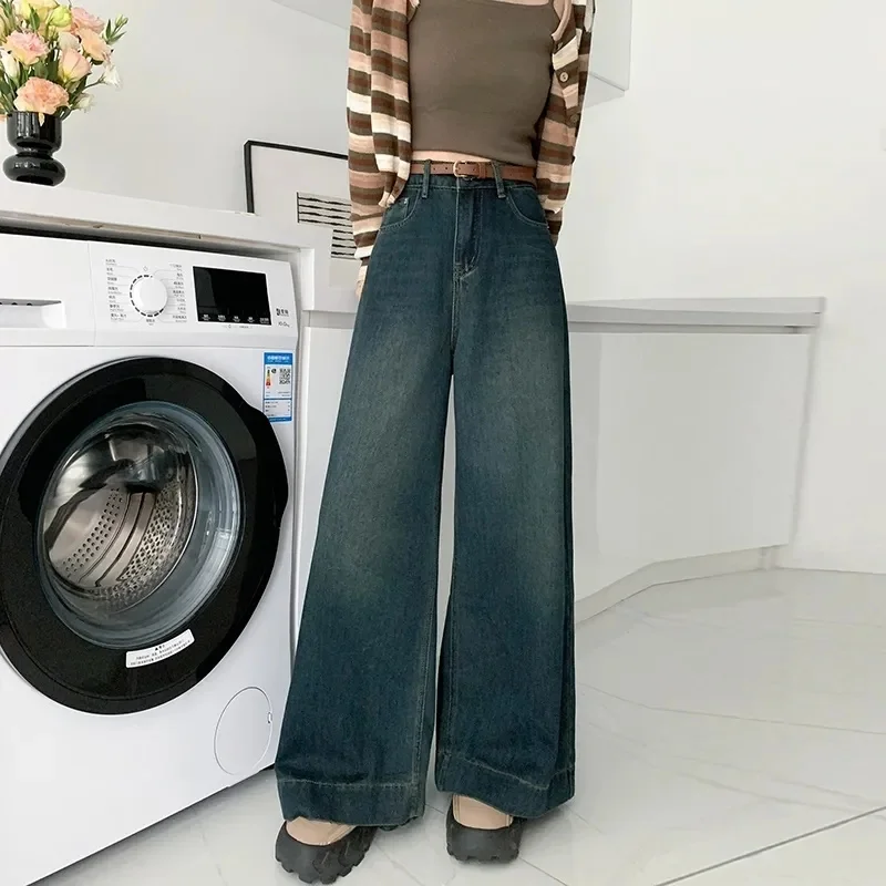 

Spring Autumn Women Wide Leg Jeans 2025 High-end Female Solid Color Trumpet Pants Korean Lady Fashion High Waist Cowboy Trousers