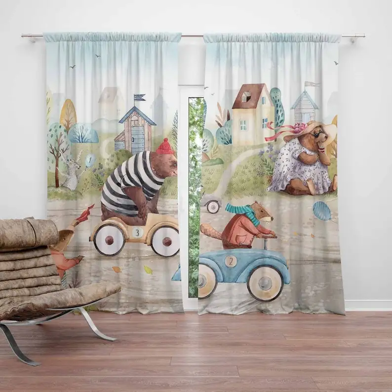 Animal Car Race Nursery Curtain Kids Bedroom Curtains Black Out Nursery Decor Baby Room Bedroom Living Room Curtains