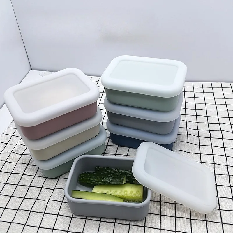 

Custom food grade food container outdoor portable lunch box student eating silicone soft microwaveable tableware