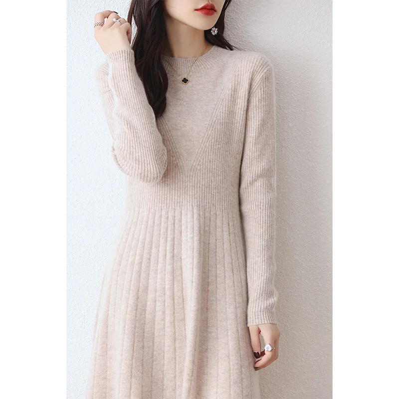 100% pure wool vestido feminino Hot Sale 2023 Winter New Fashion Cashmere Dresses Female O-neck  Wool Clothing DR01