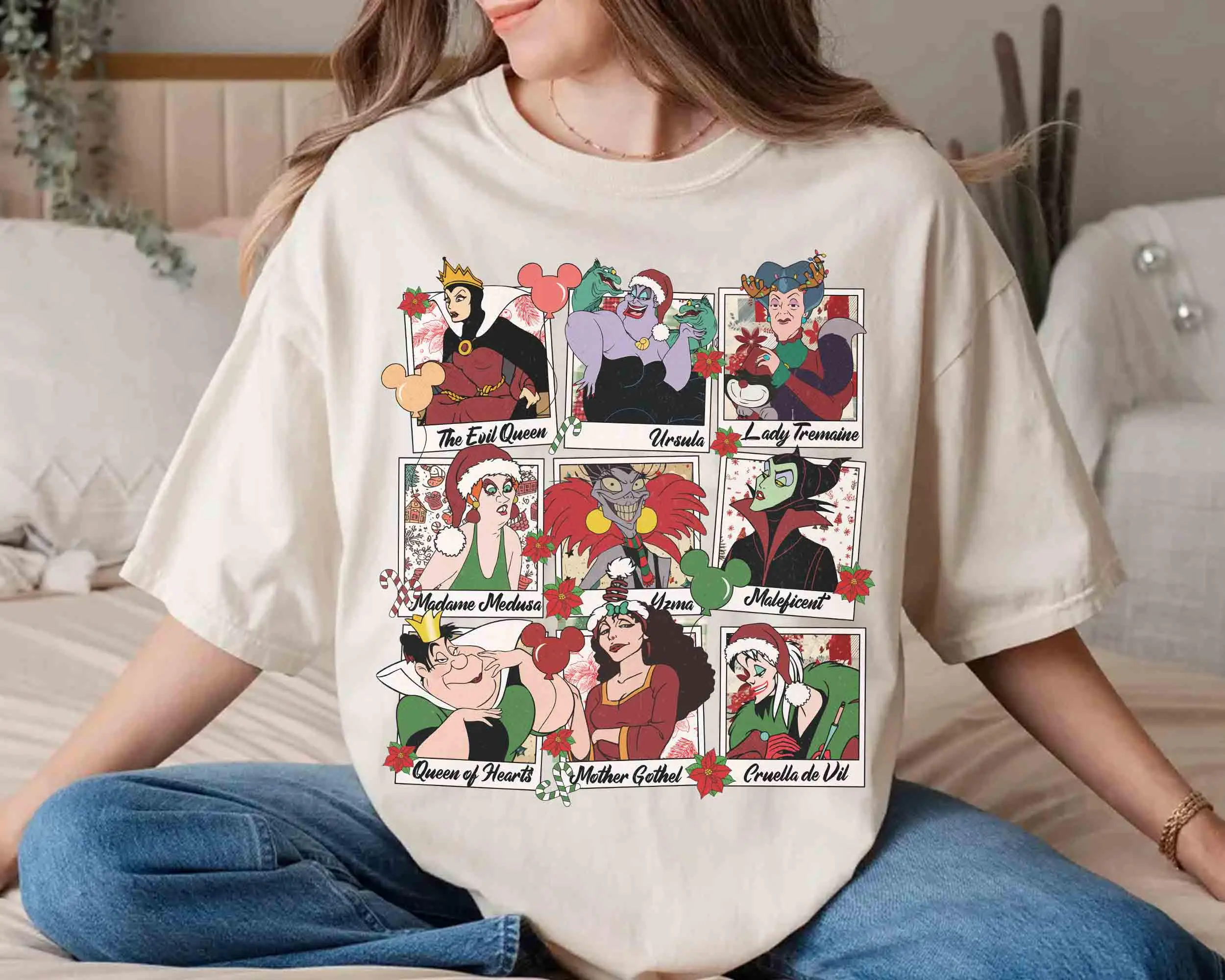 

Disney Villain Christmas-themed T-shirt, Featuring Patterns of Ursula, Cruella, Maleficent and Isma. Merry Christmas To You!