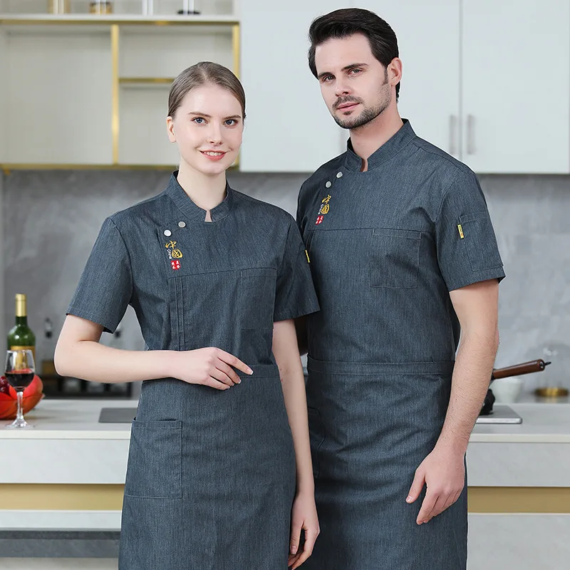 Uniforme manga curta chef para restaurante, roupas cozinha, macacão garçom, hotel e restaurante, verão