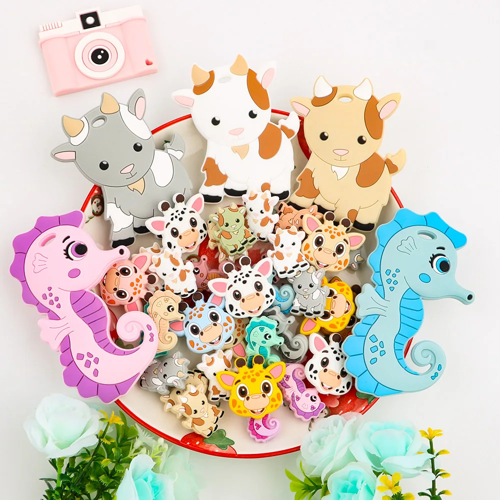 1-10Pcs New Goat Giraffe Seahorse Silicone Beads For Jewelry Making  Animal Baby Silicone Teether DIY Pacifier Chain Accessories