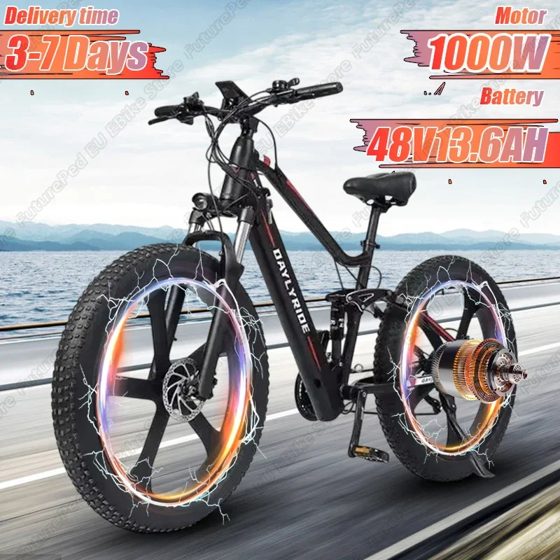 Electric Bicycle 1000W Brushless Motor 48V13.6AH Removable Battery Aldult Electric Bike 26*4.0 Inch Fat Tire All Terrain E-bike