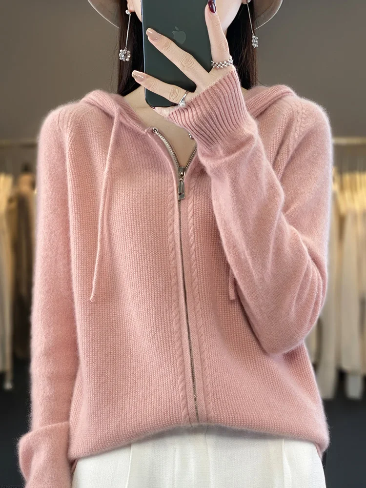 女性のジッパーパーカーカーディガン、100% メリノウール、単色、カジュアルカシミアknitwear、韓国のファッショントップス、秋、冬、新