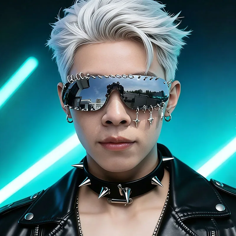 

New 2026 Fashion Punk Rivet Small Circle Street Outdoor Sunglasses Frameless Trendy Cool Men And Women Futuristic Party Eyewears