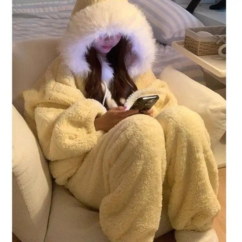 

Girl Coral Fleece Pajamas Sets Princess Hooded Sweet Leisure Wear Simple Autumn/winter Home Clothes High Beauty Outerwear New