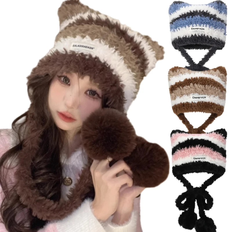 Y2K Handmade Japan Designer Pentagram Wool Beanie Hat Ladies Autumn Spring Warm Cat Ear Knit Stripe Beanie Cap with Pompom