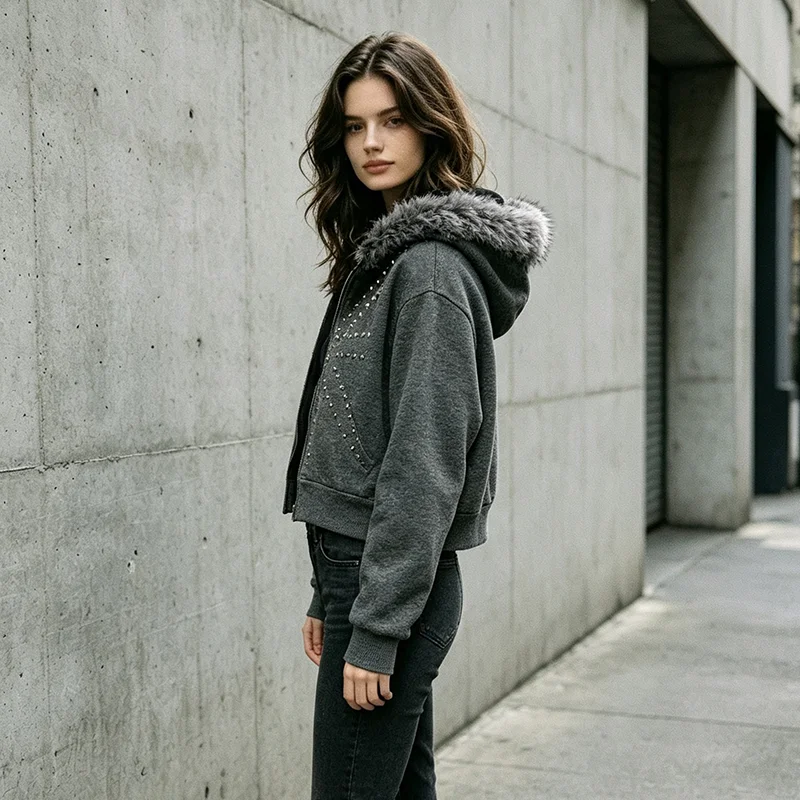 Women's Short Zipper Fur Collar Hooded Sweatshirt With Metal Diamond Decoration Star Pattern Long Sleeved Streetwear Sweatshirt