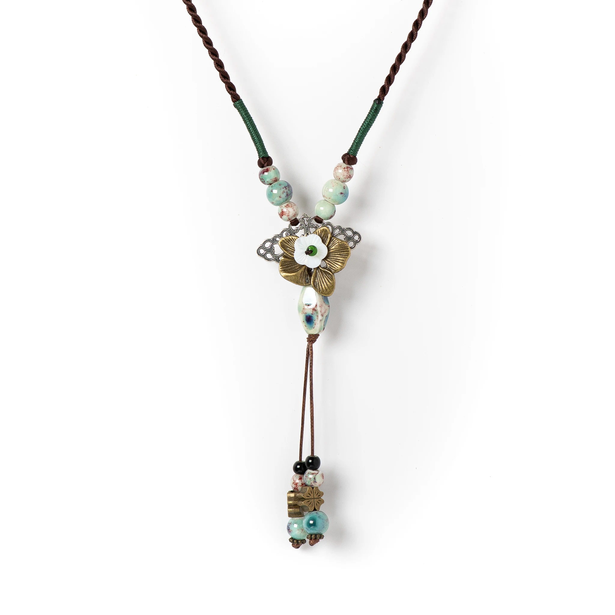 Handmade Ceramic Pendant Necklace for Women Boho Vintage Long Necklace Adjustable Ethnic Style Jewelry