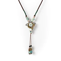 Handmade Ceramic Pendant Necklace for Women Boho Vintage Long Necklace Adjustable Ethnic Style Jewelry