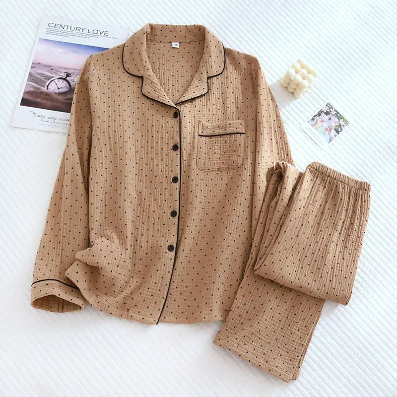 Spring And Autumn New Pajamas Long-Sleeved Trousers Two-Piece Women\'s 100% Cotton Crepe Casual Cardigan Dot Homewear Suit