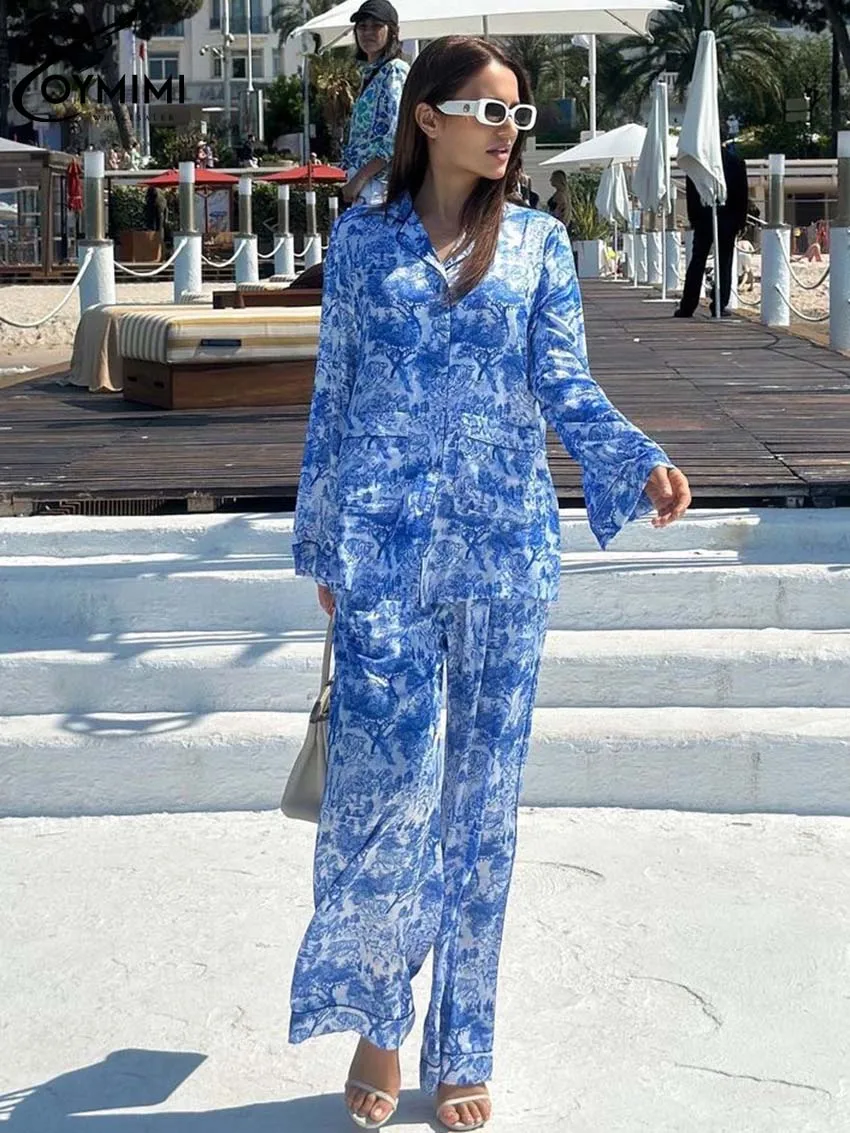 

Oymimi Fashion Blue Print Two Piece Set For Women Elegant Lapel Long Sleeve Pockets Shirts And Straight Full Length Pants Sets