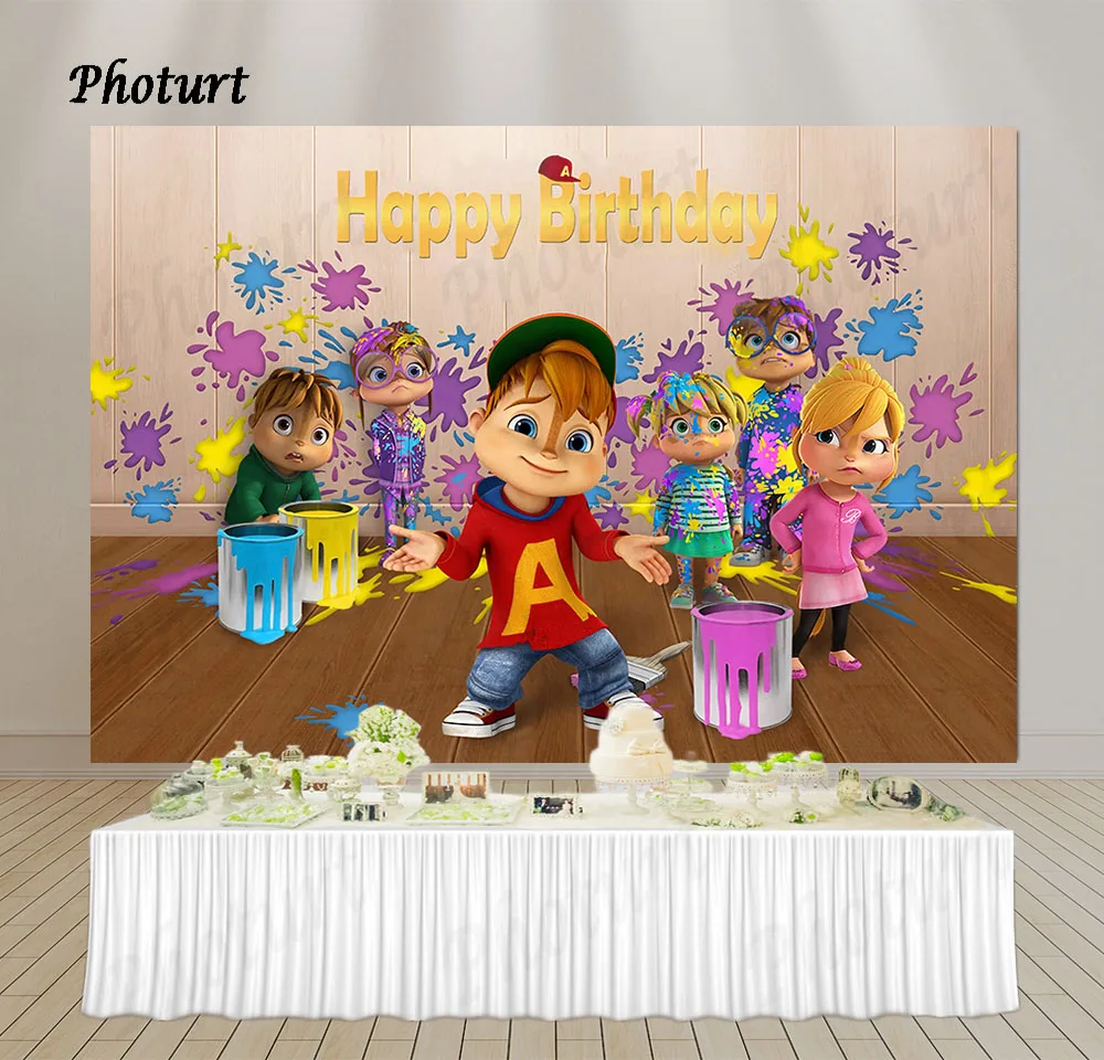 Disney Alvin and Chipmunks Simon Theodore Backdrop for Kids Birthday Photo Background Polyester Vinyl Decorate Studio Props