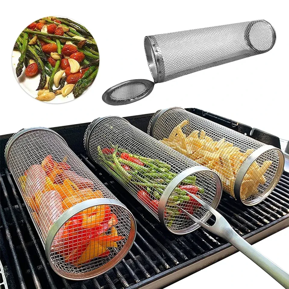  Round BBQ Basket Stainless Steel Rolling Grilling Basket Wire Mesh Cylinder Grill Basket Portable Outdoor Camping Barbecue Rack
