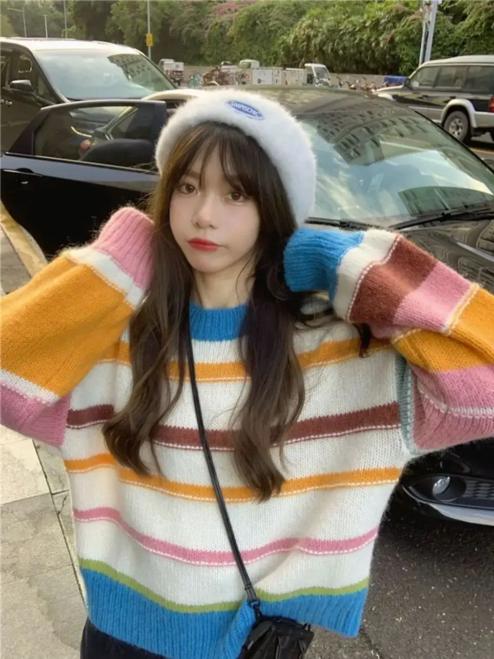 Korean High Quality Stripe Pullovers Women Colorful Baggy Tender O-Neck Sweater Fluffy Knitted Female Harajuku