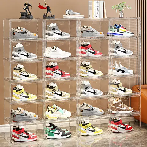 Large AJ Sneaker Organizer Box Thickened Transparent Shoe Box with Magnetic Closure Stackable Multi-Layer Shoe Storage Organizer