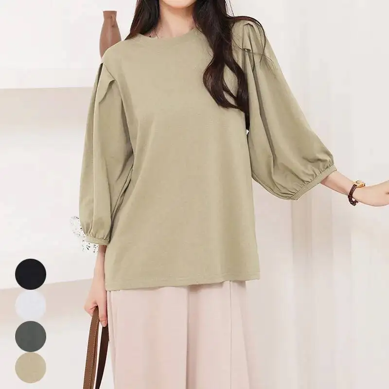 

100% Cotton T-shirt for Women Early Autumn Fresh Breathable Lantern Sleeve Round Neck Solid Color Three-quarter Sleeve Top For