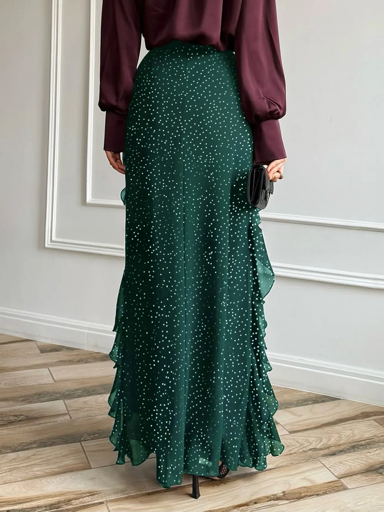 Gonna slim fit da donna con stampa a pois con decorazione bordo fungo nero elegante e alla moda, gonna casual a vita alta a trapezio