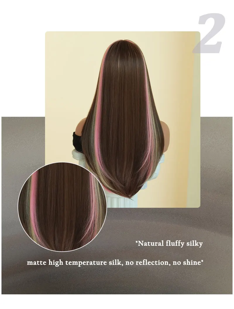 NAMM Lange, gerade, farbenfrohe Perücken für Frauen mit Pony, natürlich aussehendes, weiches, hochwertiges synthetisches, hitzebeständiges Faserperückenhaar – Detail 5