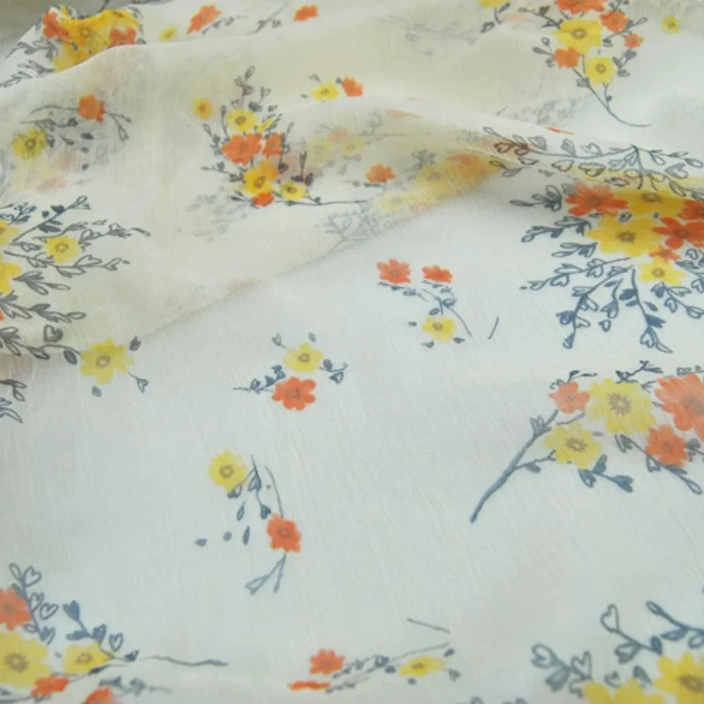 

Elegant Casual Yellow Color Small Flower Design Ready Smooth Feeling Silk Crinkle Chiffon Fabric for Women Summer Cloth Dress