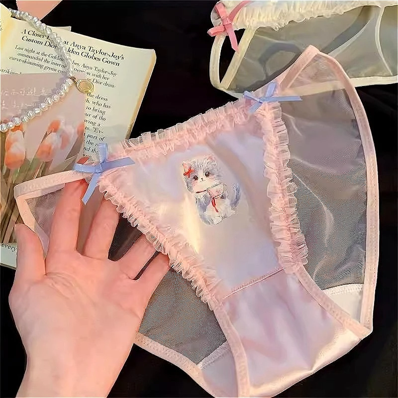 

Sexy Women's Panties Mesh Cute Cat Printing High Slit Girls Lace Underwear Briefs Low Waist Female Erotic Lingerie Transparent