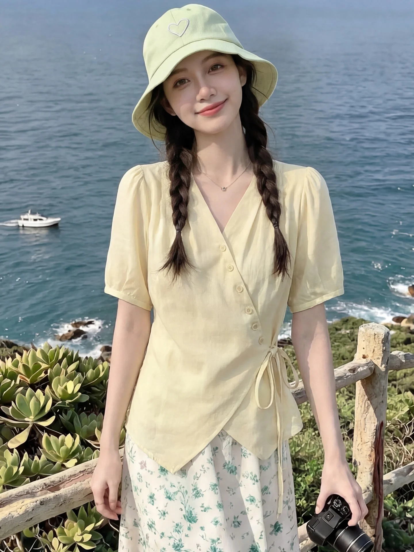 

Dopamine Boosting Bright Yellow Belted V-Neck Short Sleeve Ice Silk Cotton Linen Blend Women's Summer Shirt City Walk Friendly