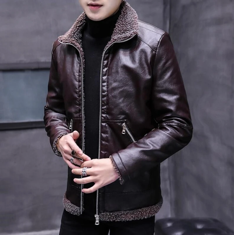 

Fashion Warm Winter Men's Leather Jacket with Fur Collar Thicken Fleece Motorcycle Coat Casual Faux Leather Locomotive Jacket