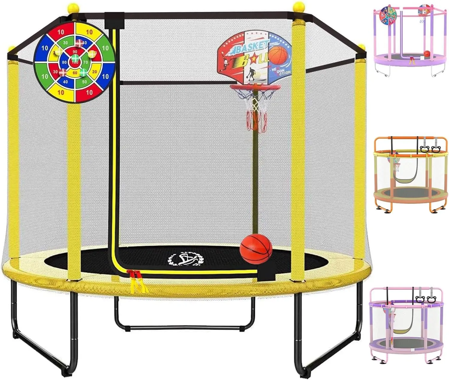 

60" Trampoline for Kids, 5ft Mini Toddler Indoor & Outdoor Trampoline with Net, Basketball Hoop & Dart Board, Birthday G