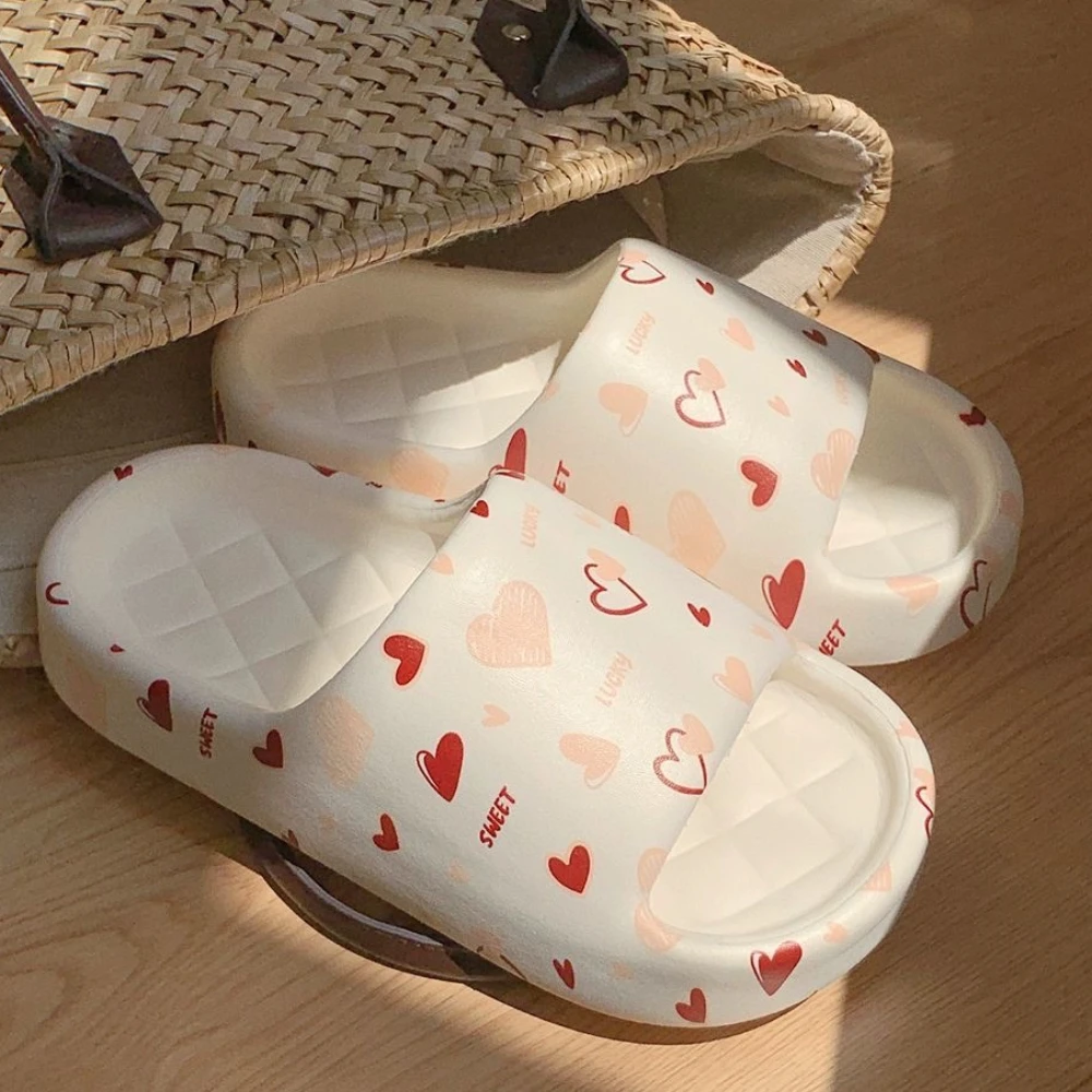 Cute Love Print Design Thick Sole Women Slippers Slides Bathroom Beach Indoor Sandals Summer Couple Shoes