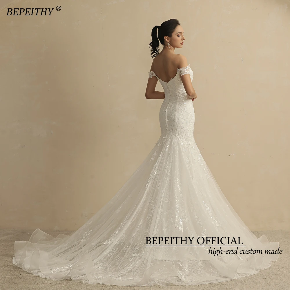 BEPEITHY Lace Mermaid Wedding Dresses For Women Off The Shoulder Court Train Sleeveless Vestidos De Novia Ivory Bridal Gown 2022