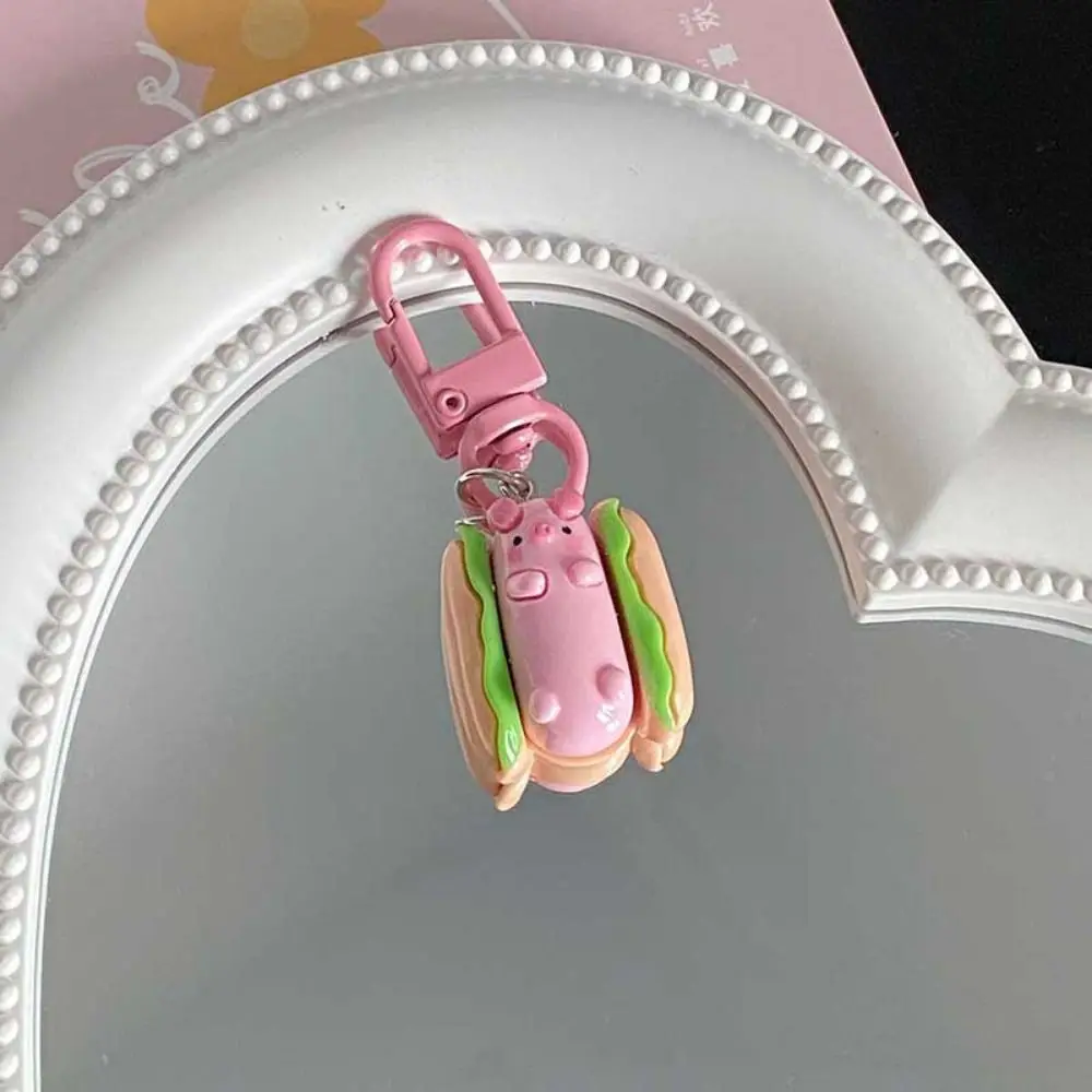 Gourmet Pink Pig Metal Keychain Pink Pig Resin Hamburger Pig Animal Keyring Fashionable Small Pig Food Keychain Mobile Pendant